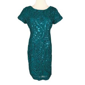 SD Collection Sequin Evening Sheath Shift Dress Boat Neck Short Sleeves Size 6P